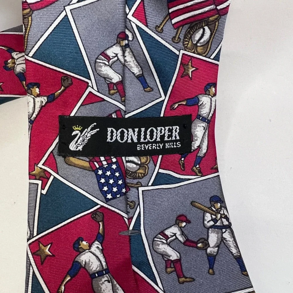 Don Loper Beverly Hills Mens Tie Baseball American Flag Patriotic Red Blue Retro